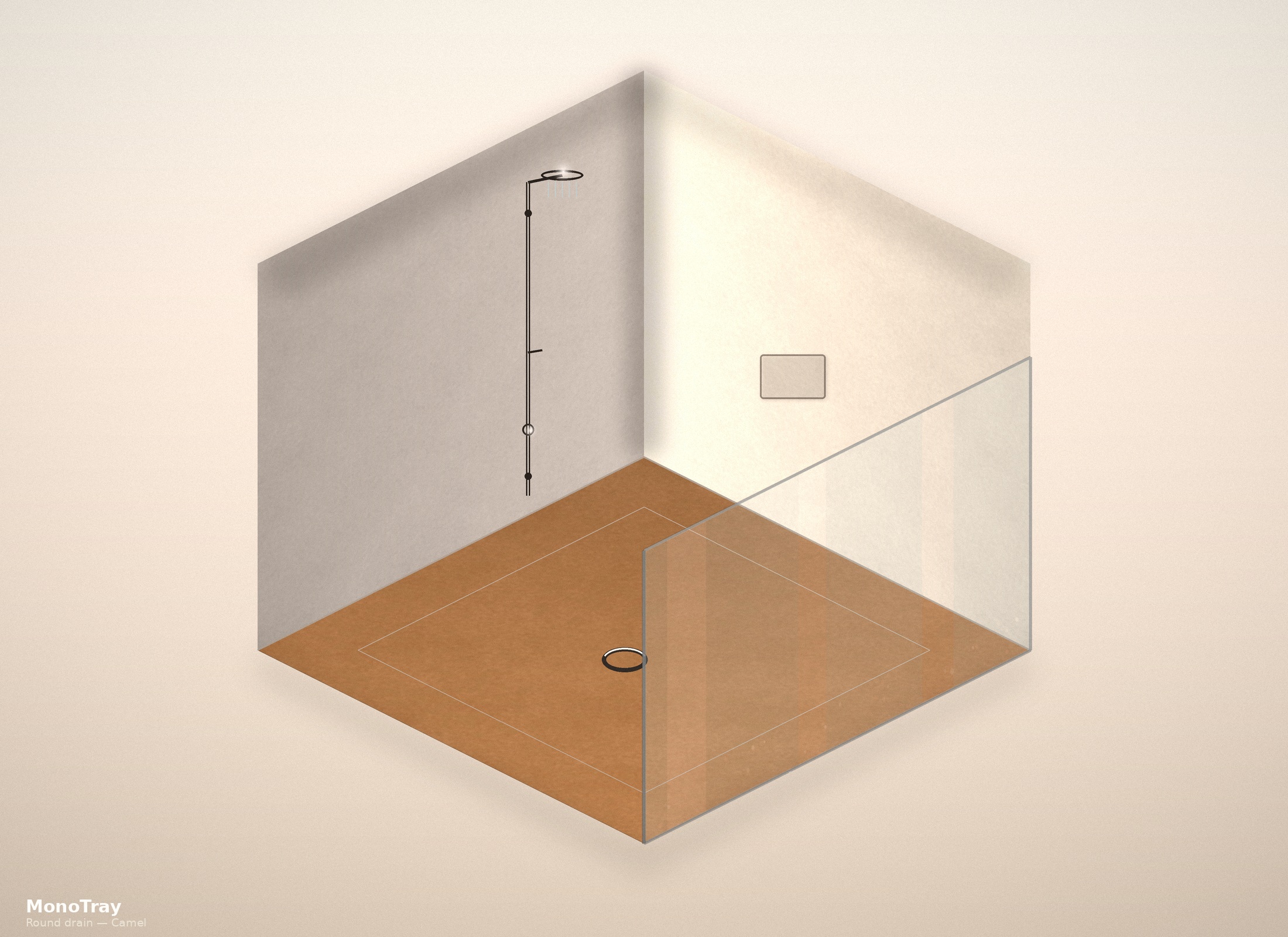MonoTray round drain tray installed in Camel microcement